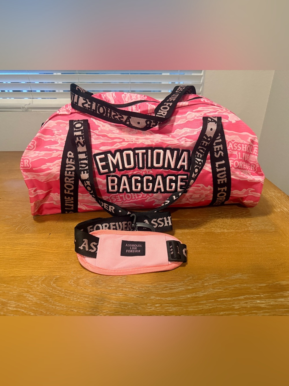 NWT Emotional Baggage ALF (Assholes Live Forever” Pink Duffel Bag
